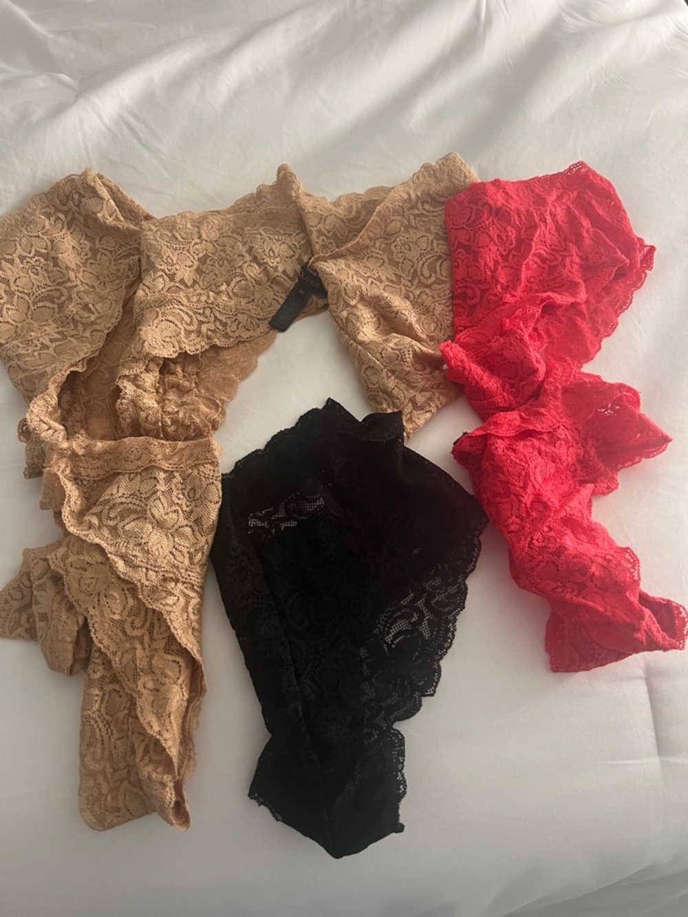 Quince 6 pack Lace Cheeky Bikini Trio - Red, Black & Tan